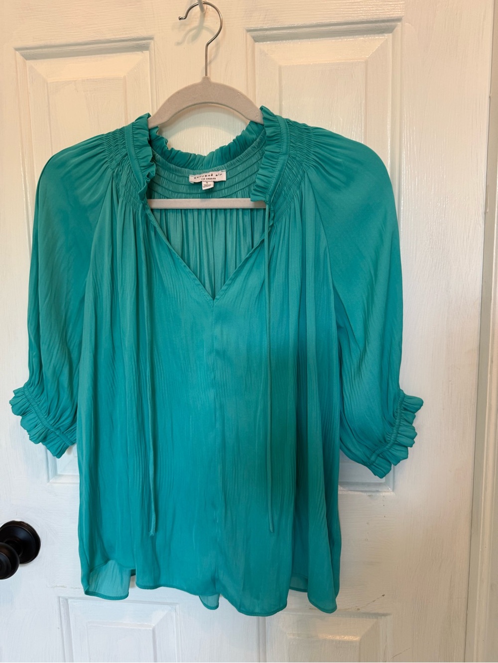 Current Air Teal Pleated V-Neck Tie Blouse with Ruffled Collar